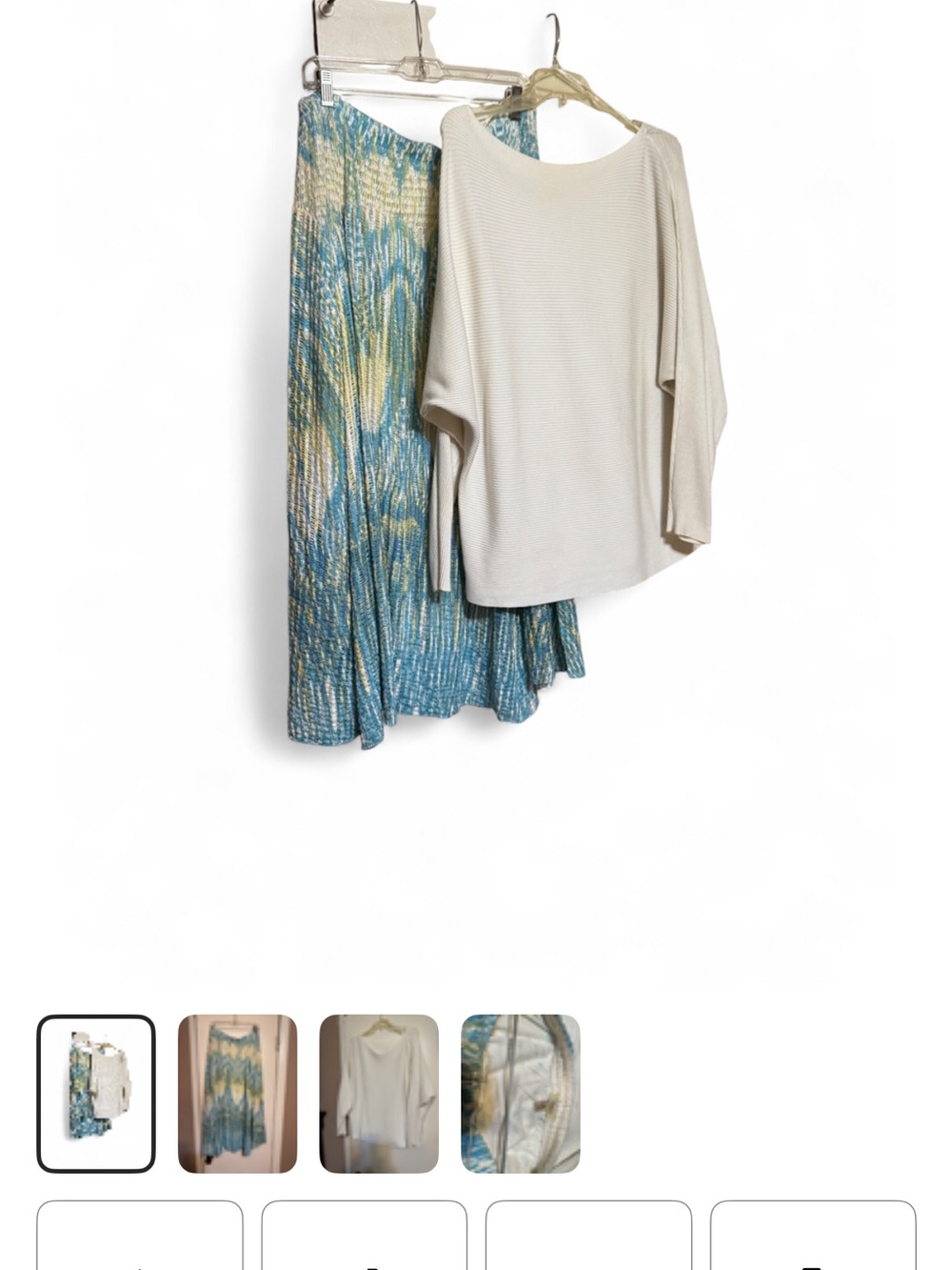 Reba Blue-Green Patterned Pleated Maxi Skirt Set with Cream Top